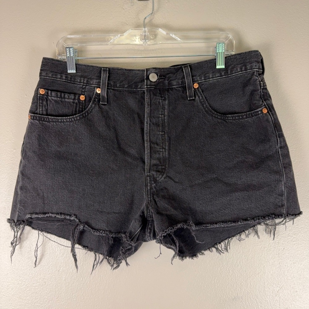Levis 501 Black Denim Cutoff Shorts Womens W33 High Rise Button Fly Raw Hem